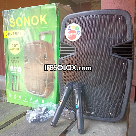SONOK SK-1504 15-inch Professional PA Multimedia Loudspeaker System with Dual (2-way) Wireless Microphone - Brand New