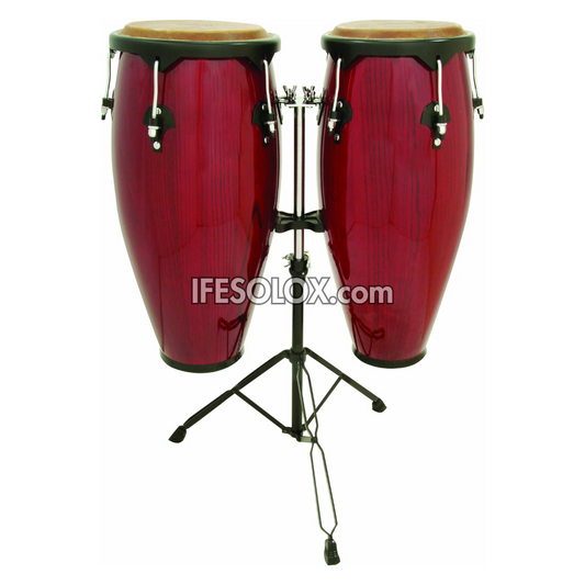 Premium 28-inch Double Conga Drum Set with Wine Red Finish and a Height Adjustable Tripod Stand - Brand New