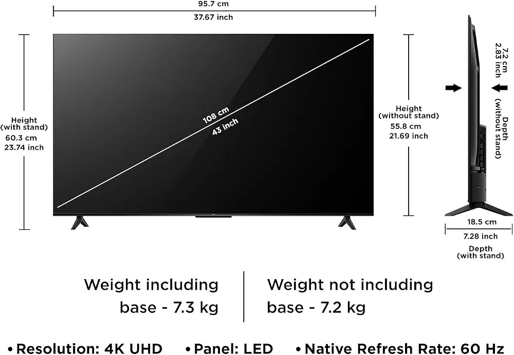 TCL 43 inch Google Smart True 4K UHD HDR10 Frameless TV (WiFi, Bluetooth, Chromecast) - Foreign Used