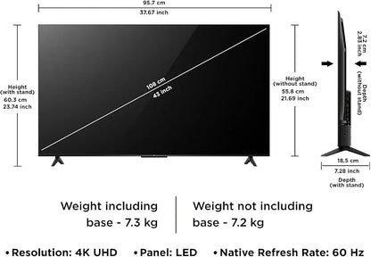 TCL 43 inch Google Smart True 4K UHD HDR10 Frameless TV (WiFi, Bluetooth, Chromecast) - Foreign Used