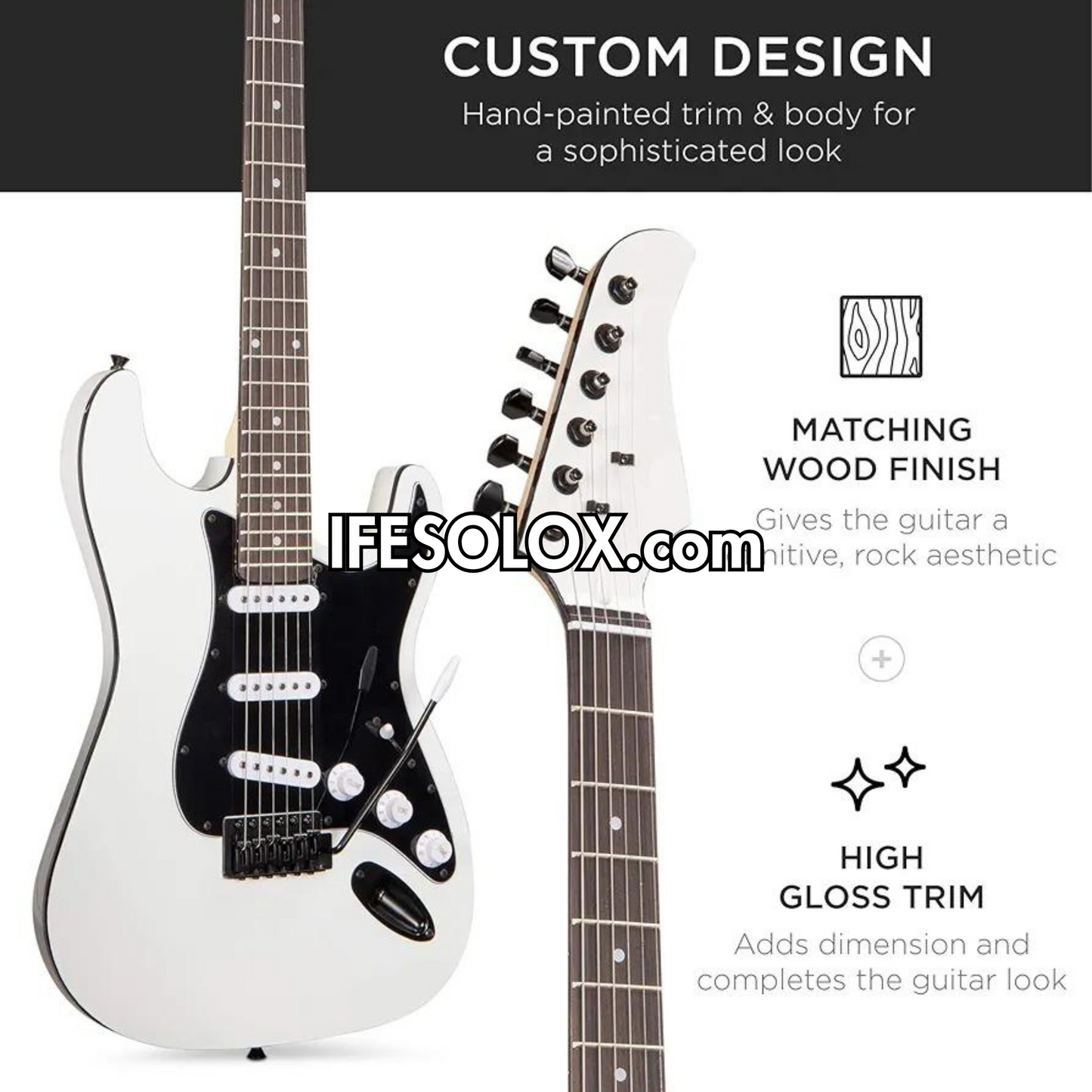 Classic 39" White 6-String 22-Flet Electric Lead Guitar with 3 Control Knob - Brand New