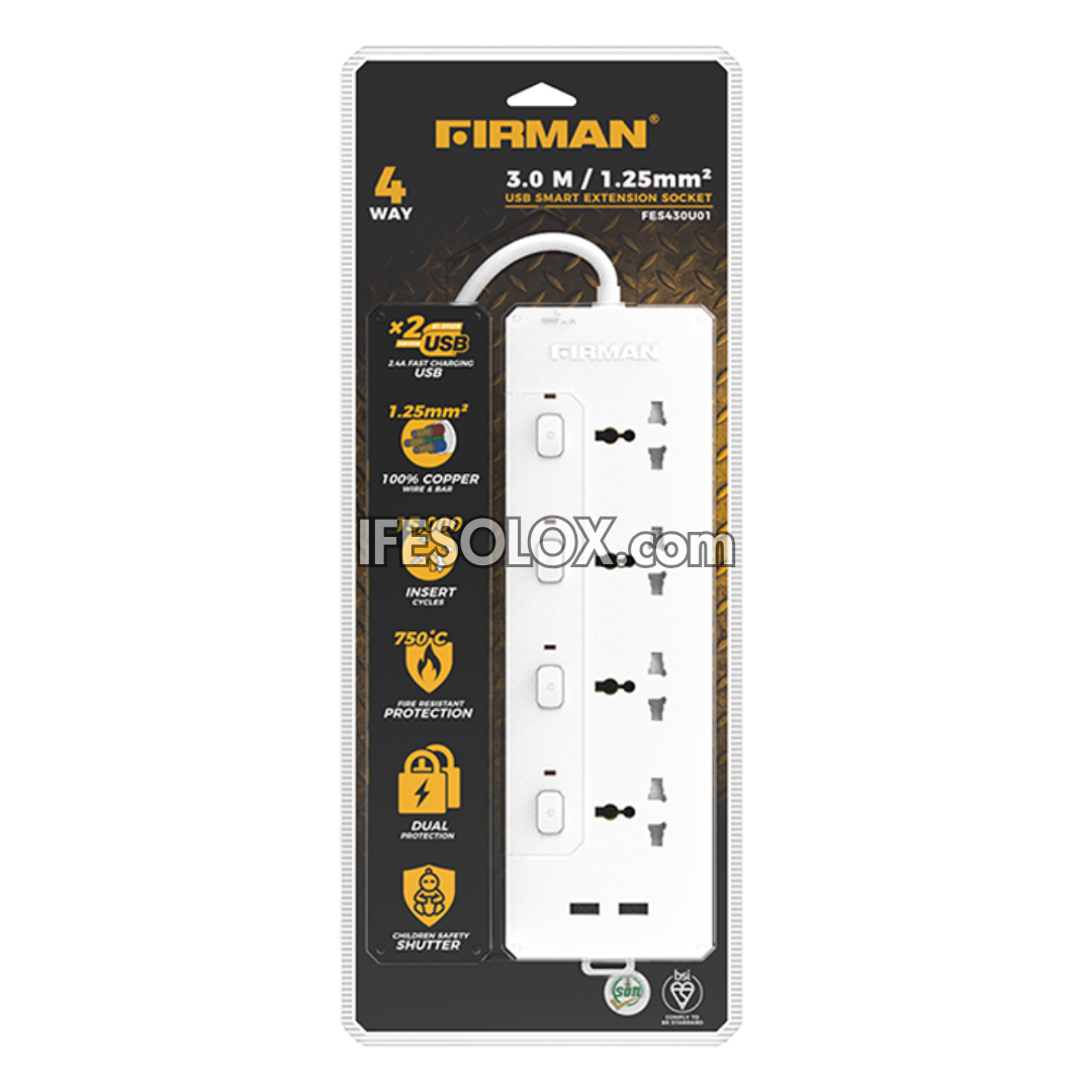 FIRMAN FES430U01 4-Way Premium Extension Socket with USB Charge (3 Meters) - Brand New