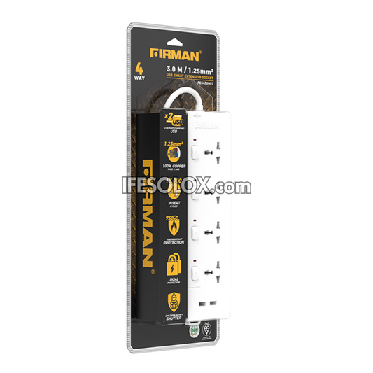 FIRMAN FES430U01 4-Way Premium Extension Socket with USB Charge (3 Meters) - Brand New