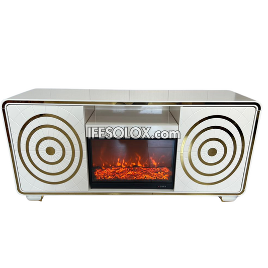 Premium FP003W Fireplace TV Stand with Round Outline and Drawers (White)