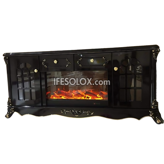 Premium FP007B Fireplace TV Stand with Window Designs and Drawers (Black)