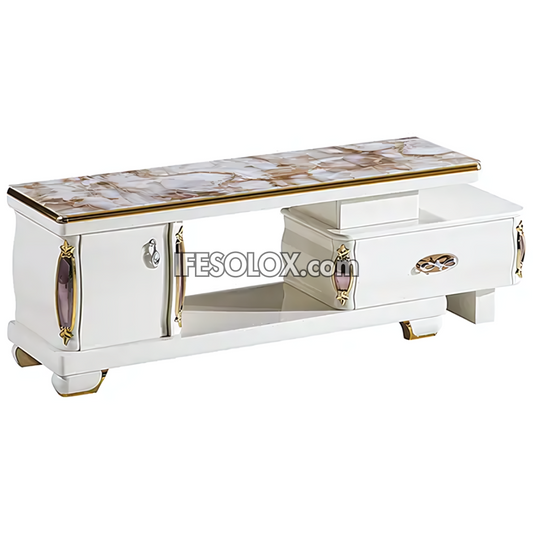 CHIDEC TVS005 Glossy White Double Drawer Television Stand with Vintage Top Design