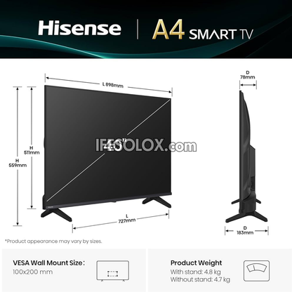 Hisense 40 Inch 40A4Q VIDAA Smart Full HD LED Frameless TV + 1 Year Warranty (Free Wall Mount) - Brand New