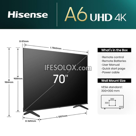 Hisense 70 Inch 70A6Q VIDAA Smart 4K UHD Frameless TV + 1 Year Warranty (Free Wall Mount) - Brand New