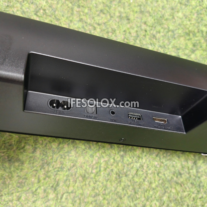 Close-up of the rear ports of a Hisense AX5100Q Sound Bar showing a power outlet, power switch, audio jack, USB-A port, and HDMI port