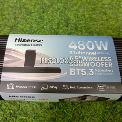Hisense soundbar HS3100 packaging on grass