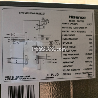 Hisense RC-87WS 634L Side by Side Refrigerator with Smart Inverter + 1 Year Warranty - Brand New