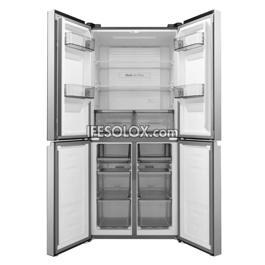 Open multi-door refrigerator with visible interior compartments on a white background, featuring the brand 'IESOLOX'.