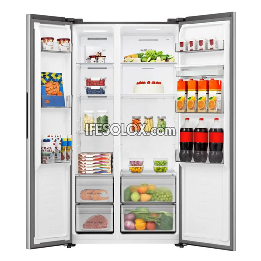 Hisense Side by side refrigerator with various food items and drinks on a white background, featuring the brand 'IFESOLOX'.