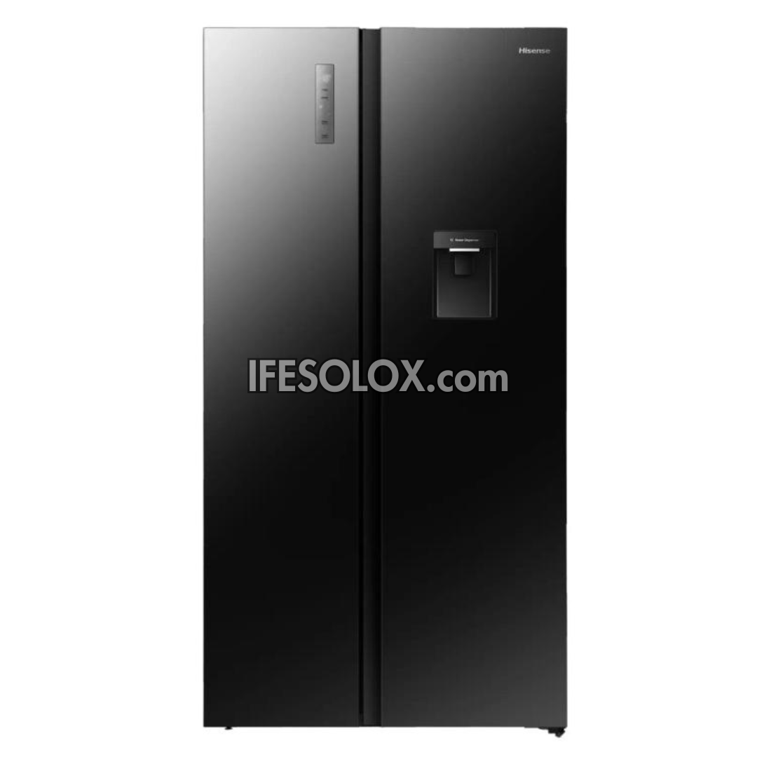 Hisense Black Side by side refrigerator with water and ice dispenser on a white background, featuring the brand 'IFESOLOX'.