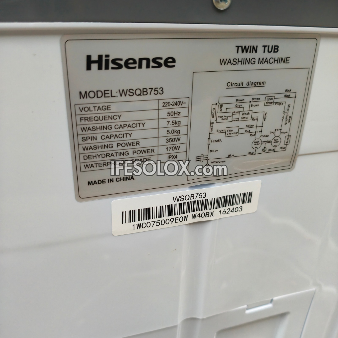 Hisense WM-WSQB753 7.5kg Twin Tub Semi-automatic Top load Washing Machine + Spin Dryer - Brand New