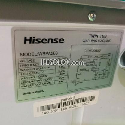 Hisense WM503-WSPA Machine à laver semi-automatique à chargement par le haut et essoreuse à double cuve de 5 kg - Tout neuf