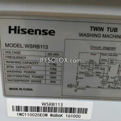 Hisense WSRB113 11kg Twin Tub Semi-automatic Top load Washing Machine + Spin Dryer - Brand New