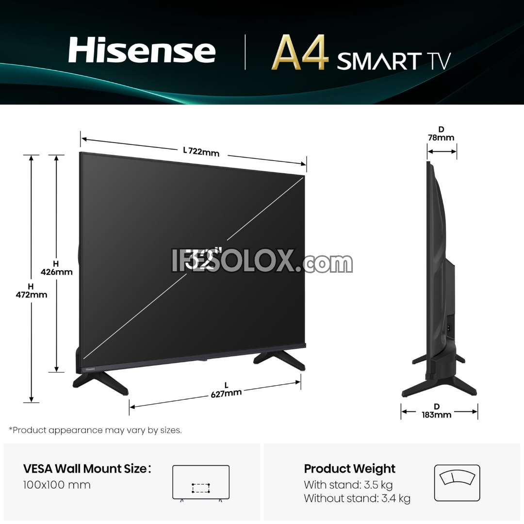 Hisense 32 Inch 32A4Q VIDAA Smart Full HD LED Frameless TV dimensions