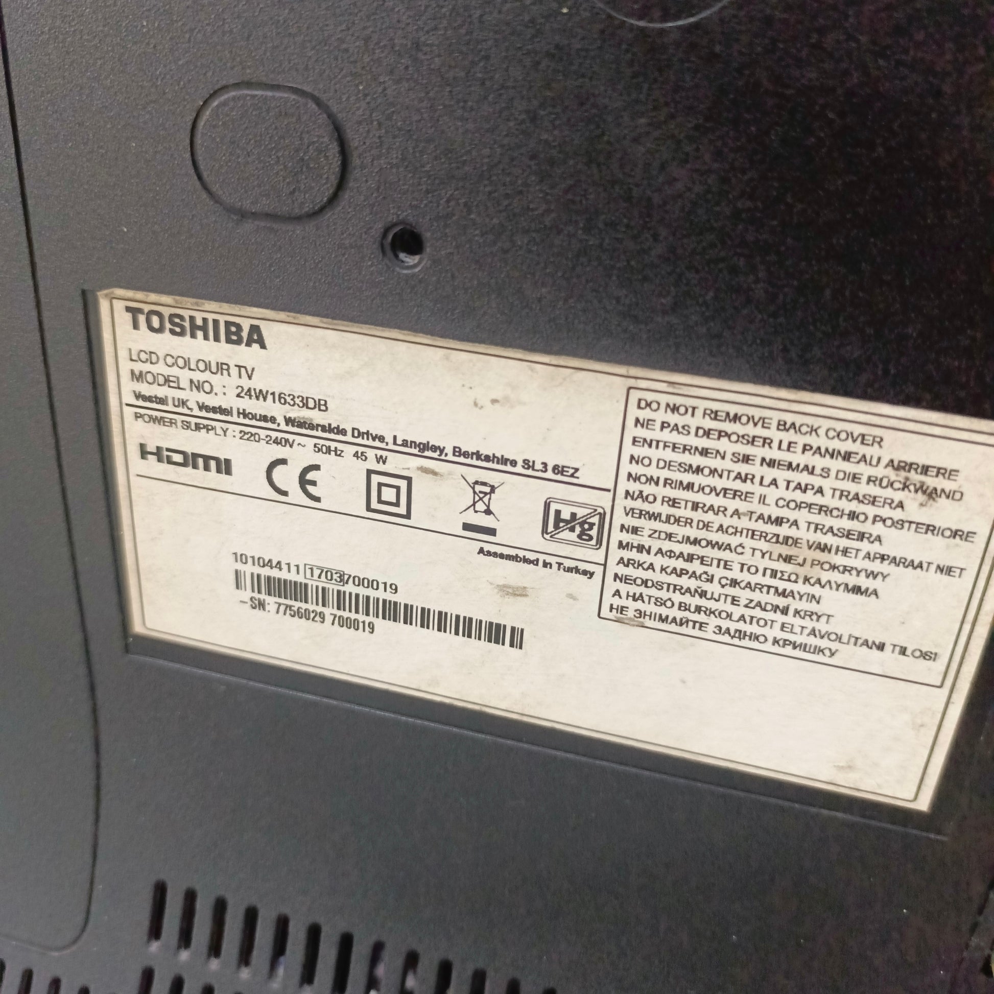 Toshiba 24 inch 24W1633DB Full HD LED TV (USB Enabled) - model number sticker 