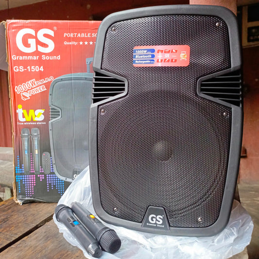 Grammar Sound GS-1504 15-inch Professional PA Multimedia Loudspeaker System with Dual Wireless Microphone - Brand New