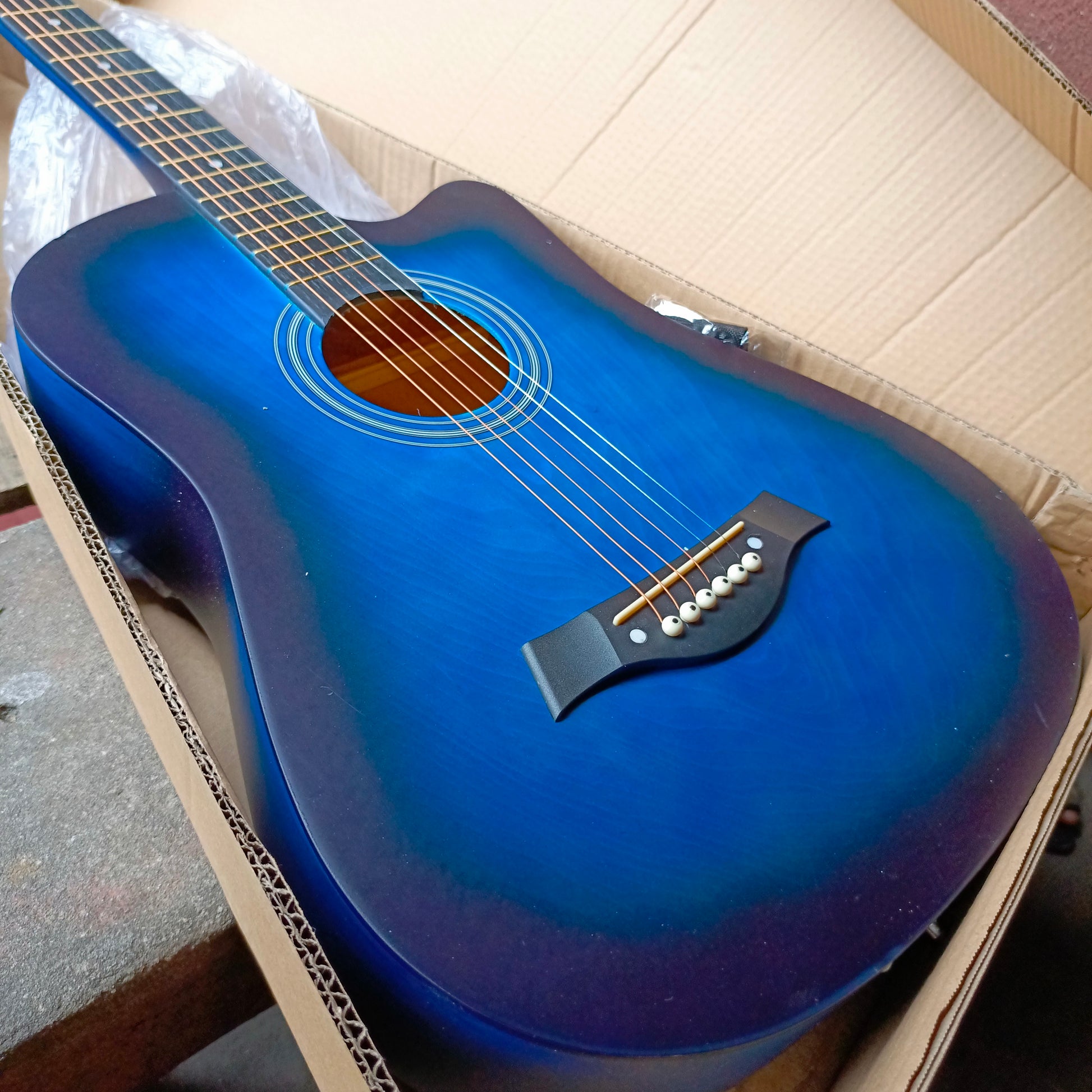 Classic 38" Blue Single-cut Acoustic Guitar with Belt and Bag - Brand New