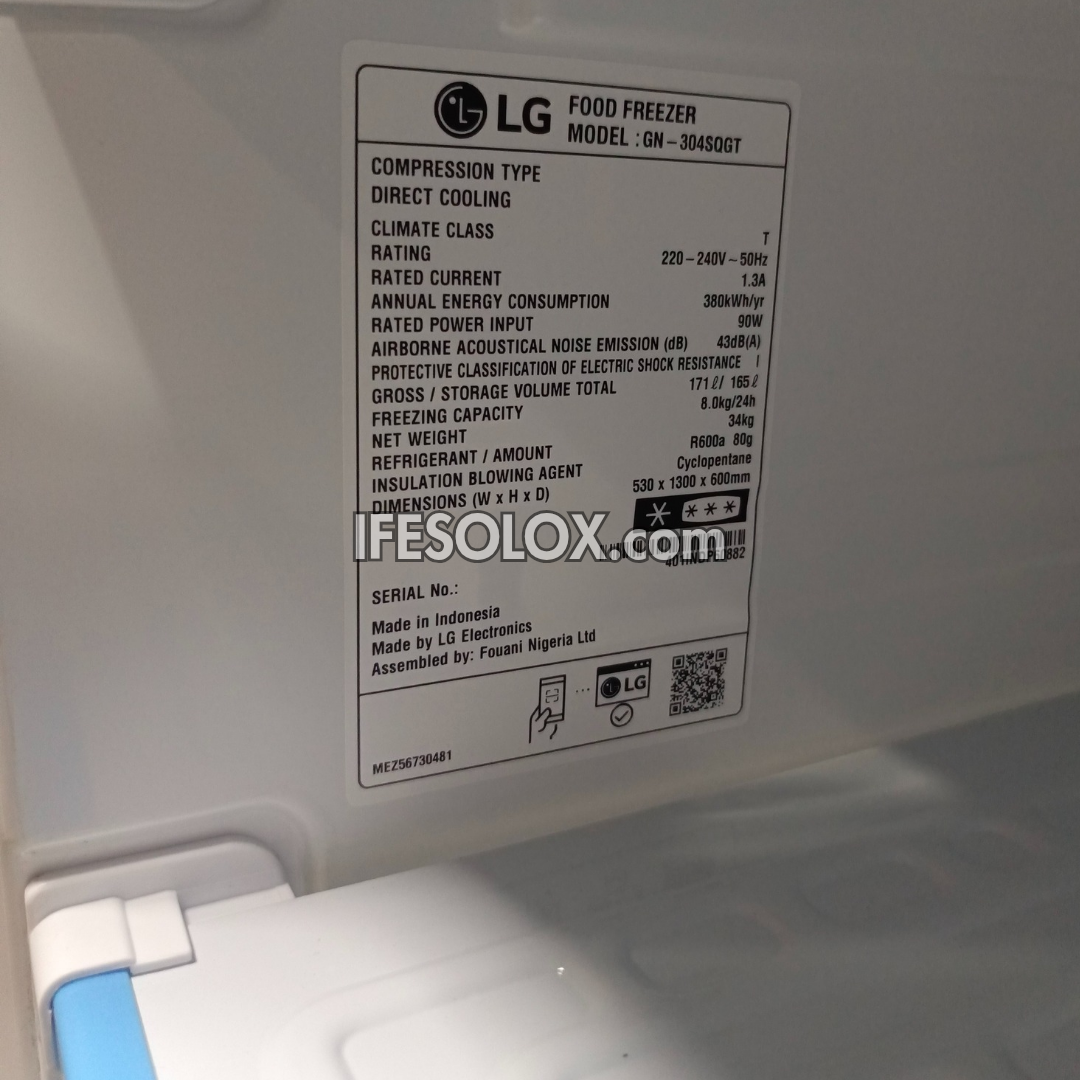 LG GN-304SQ 168L Turbo Freeze Smart Inverter Upright Freezer (White) with Low Voltage Stability - Brand New