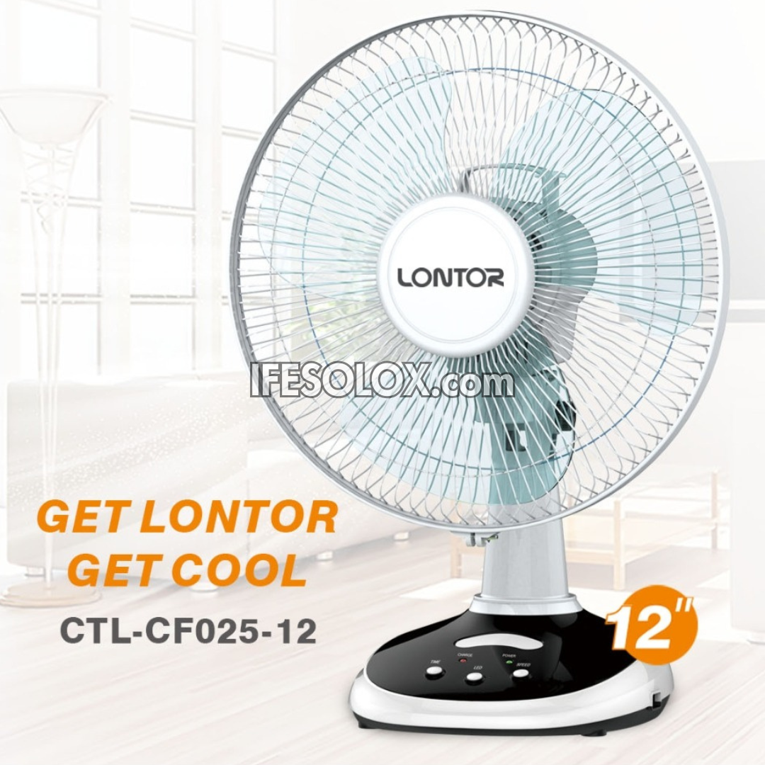 LONTOR 12" Rechargeable Standing Table Fan with 3-Blades (CTL-CF025-12) - Brand New