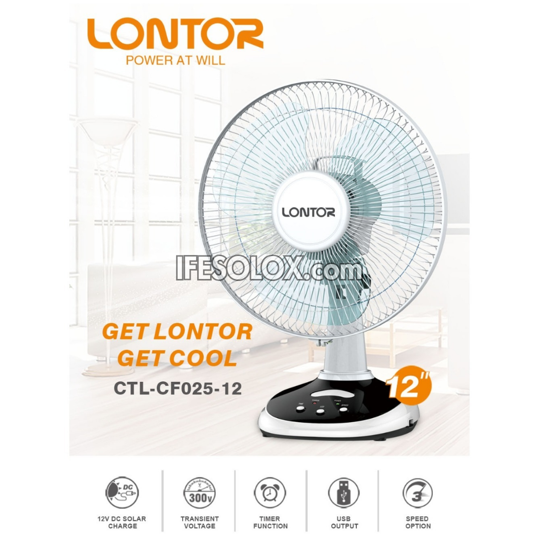 LONTOR 12" Rechargeable Standing Table Fan with 3-Blades (CTL-CF025-12) - Brand New