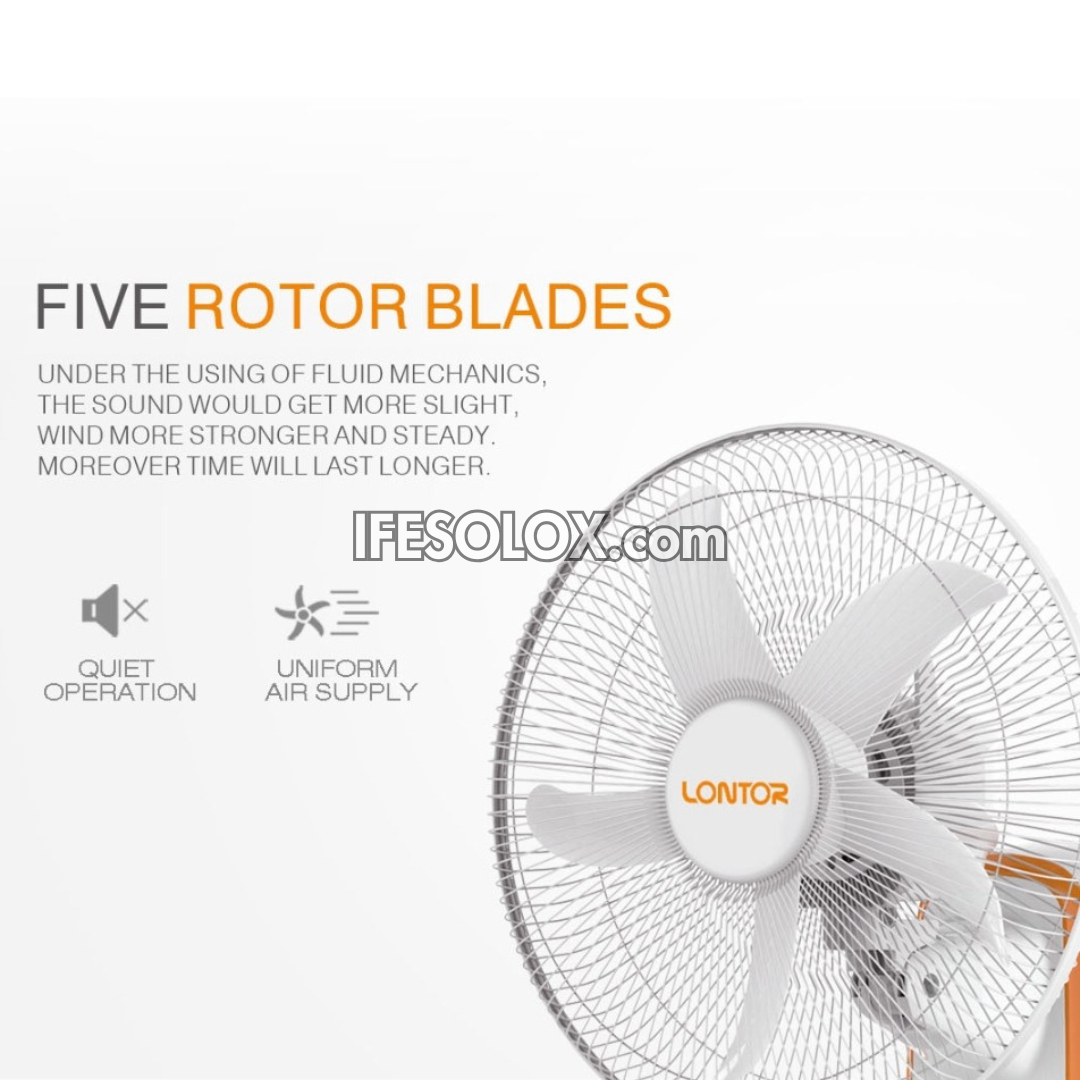 LONTOR 16" Rechargeable Wall Fan with 5-Blades, Remote and Harmonious Night Light (CTL-CF015R-26) - Brand New