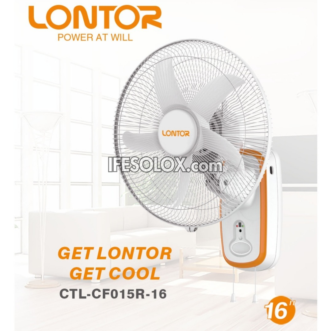 LONTOR 16" Rechargeable Wall Fan with 5-Blades, Remote and Harmonious Night Light (CTL-CF015R-26) - Brand New