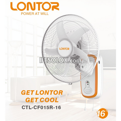 LONTOR 16" Rechargeable Wall Fan with 5-Blades, Remote and Harmonious Night Light (CTL-CF015R-26) - Brand New