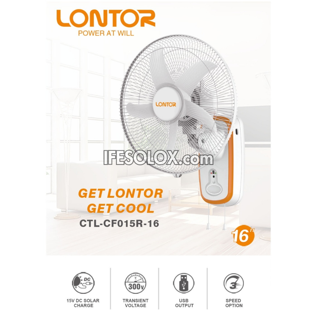 LONTOR 16" Rechargeable Wall Fan with 5-Blades, Remote and Harmonious Night Light (CTL-CF015R-26) - Brand New