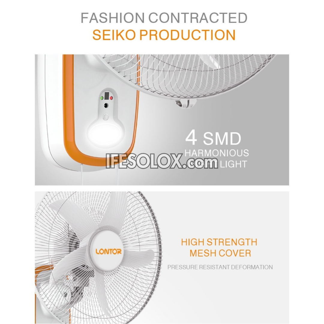LONTOR 16" Rechargeable Wall Fan with 5-Blades, Remote and Harmonious Night Light (CTL-CF015R-26) - Brand New