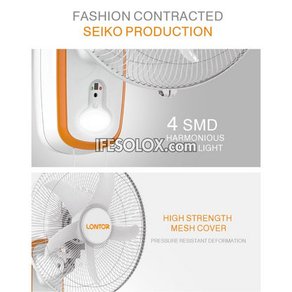 LONTOR 16" Rechargeable Wall Fan with 5-Blades, Remote and Harmonious Night Light (CTL-CF015R-26) - Brand New