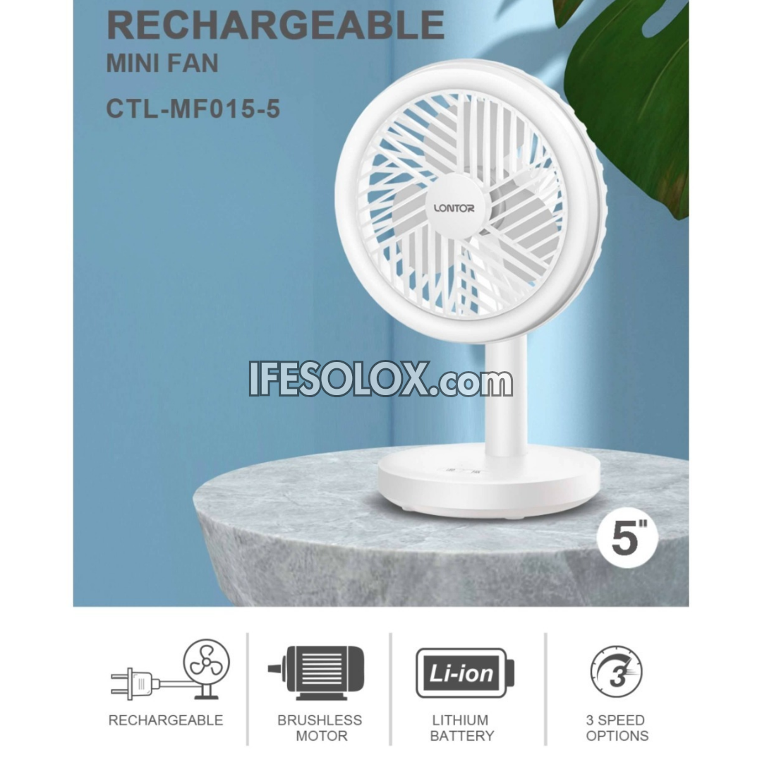 LONTOR 5" Rechargeable Mini Fan for Tables & Ceiling with 3-Blades and Harmonious Night Light (CTL-MF015-5) - Brand New