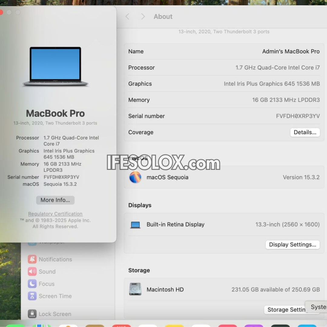 MacBook Pro 2020 13.3" Retina Display Laptop with Intel Core i7 8th Gen, 16GB DDR3 RAM, 256GB SSD - Foreign Used