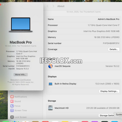 MacBook Pro 2020 13.3" Retina Display Laptop with Intel Core i7 8th Gen, 16GB DDR3 RAM, 256GB SSD - Foreign Used