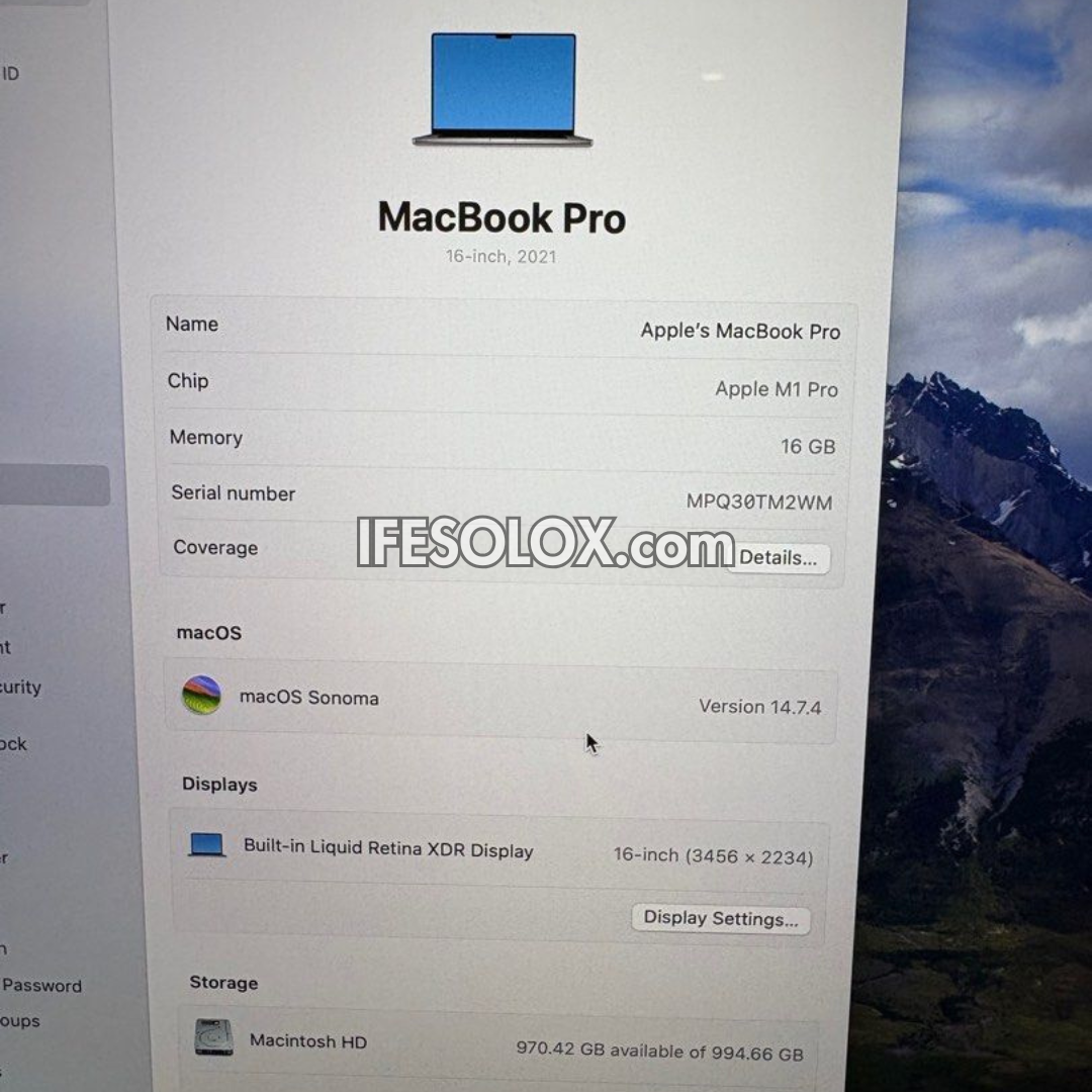 MacBook Pro 2021 16" Liquid Retina Display Laptop with Apple M1 Pro, 16GB DDR5 RAM, 1TB SSD - Foreign Used