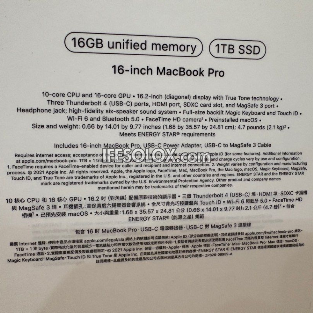 MacBook Pro 2021 16" Liquid Retina Display Laptop with Apple M1 Pro, 16GB DDR5 RAM, 1TB SSD - Foreign Used