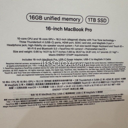 MacBook Pro 2021 16" Liquid Retina Display Laptop with Apple M1 Pro, 16GB DDR5 RAM, 1TB SSD - Foreign Used