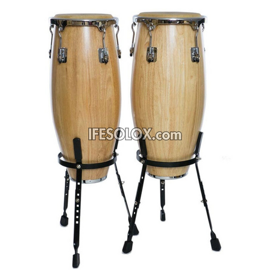 Premium 21-inch Double Conga Drum Set with Natural Satin Finish and a Height Adjustable Basket Stand - Brand New