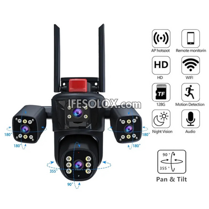 SLX 5MP Four Lens Solar IP Camera (3 Bullet Camera and 1 PTZ Camera) with WiFi, 4G SIM, Night Vision, 2-way Audio and Motion Detection - Brand New