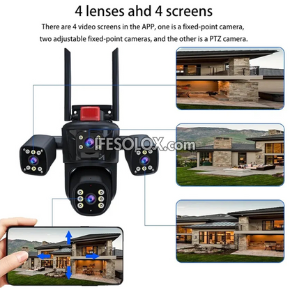 SLX 5MP Four Lens Solar IP Camera (3 Bullet Camera and 1 PTZ Camera) with WiFi, 4G SIM, Night Vision, 2-way Audio and Motion Detection - Brand New