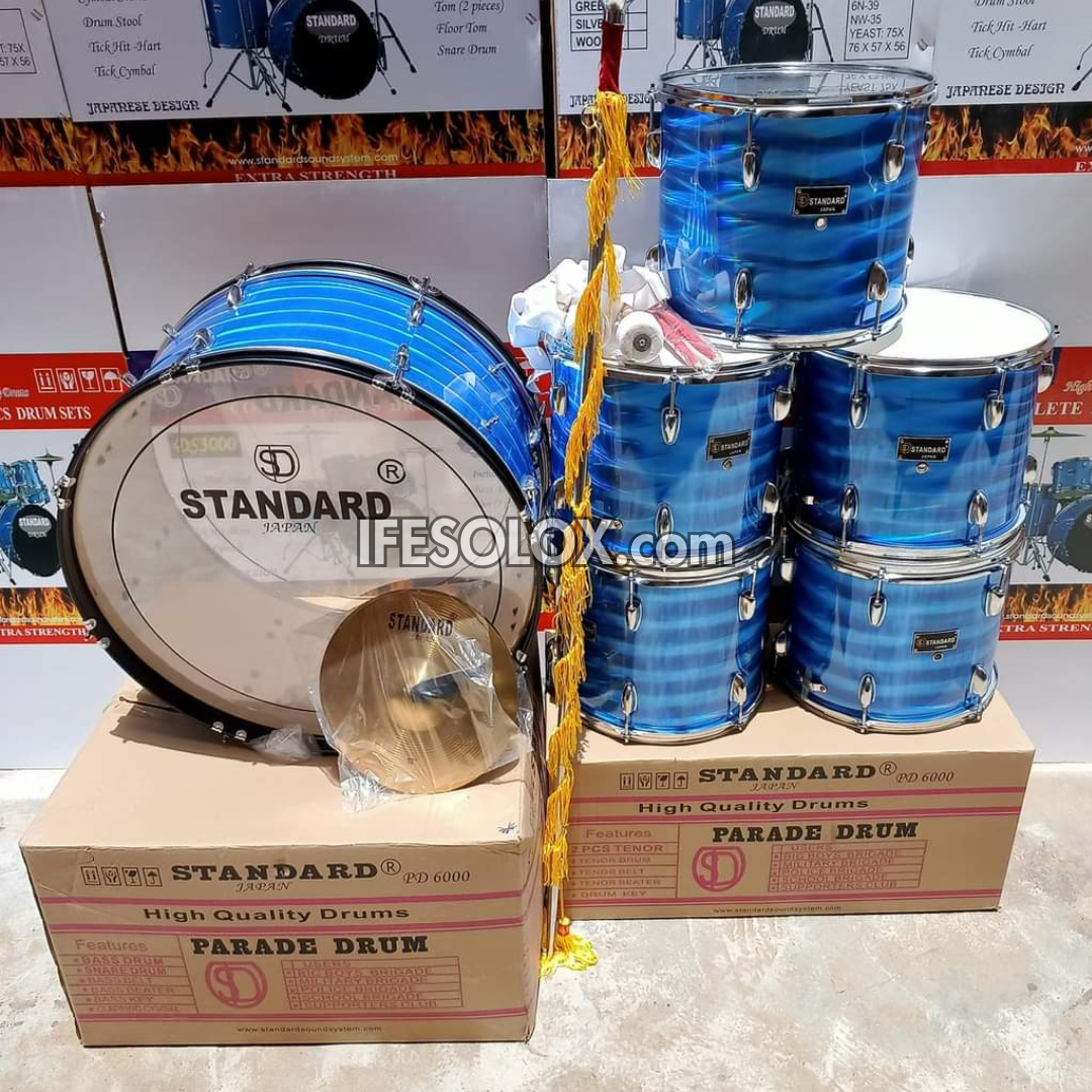 STANDARD 6-Piece Complete Marching Parade Acoustic Drum Set with Mace and Hardware (Laser Blue) - Brand New