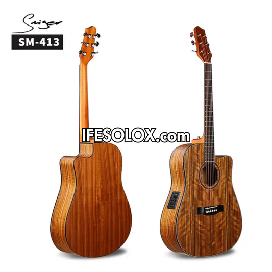Smiger SM-413 41" Engraved Hole Single-cut Semi-Acoustic Guitar with Belt and Bag - Brand New