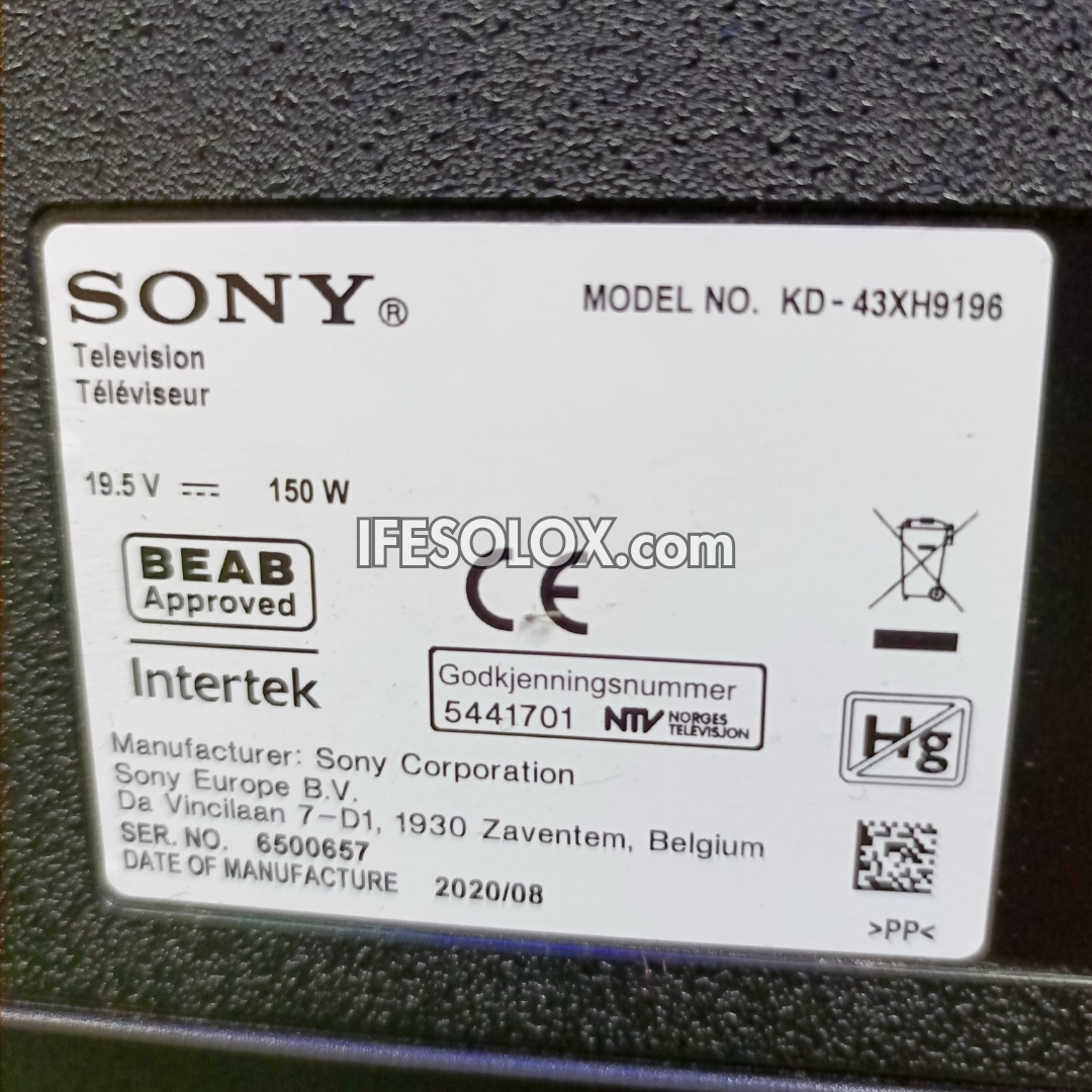 Sony BRAVIA 43 Inch KD-43XH9196 Android Smart 4K UHD TV with Active HDR, WiFi, Chromecast, Bluetooth - Foreign Used