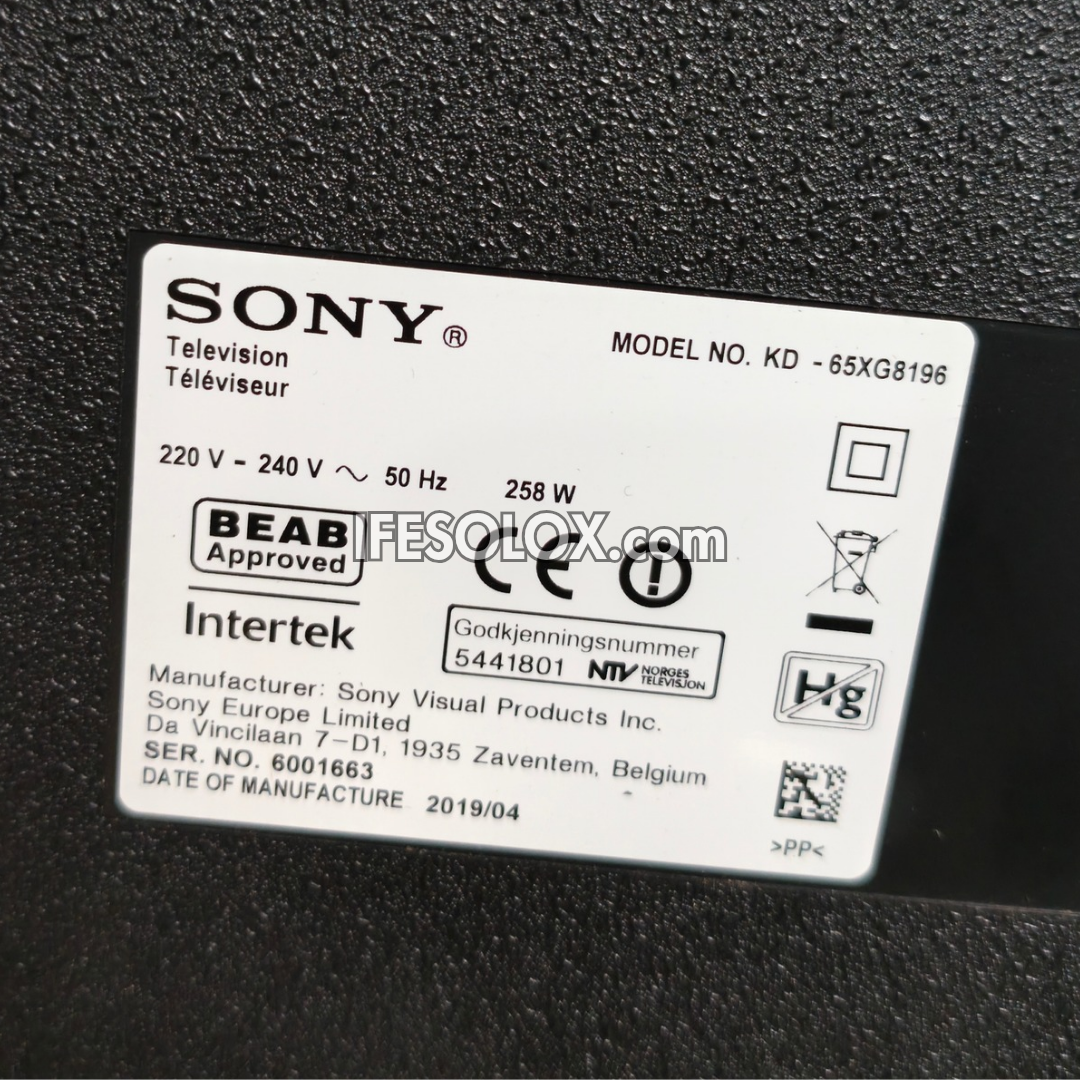 Sony BRAVIA 65 Inch KD-65XG8196 Android Smart 4K UHD HDR TV with Bluetooth, WiFi, Chromecast, AirPlay - Foreign Used