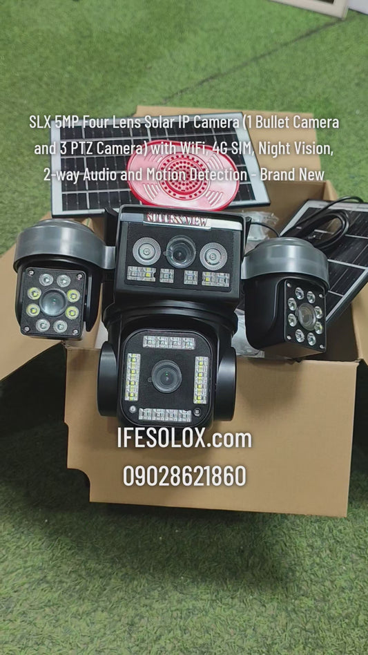 SLX 5MP Four Lens Solar IP Camera (1 Bullet Camera and 3 PTZ Camera) with WiFi, 4G SIM, Night Vision, 2-way Audio and Motion Detection - Brand New