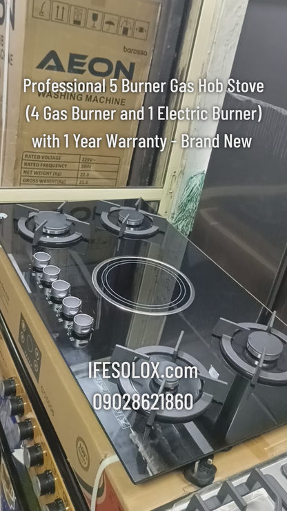 Professional 60x90cm (4+1) Burner Gas Hob/Cooker on Glass with Auto Ignition - Brand New