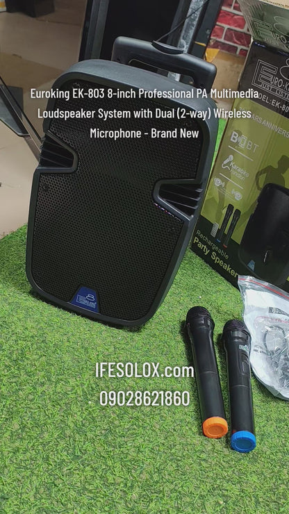 EuroKing EK-803 8-inch Professional PA Multimedia Loudspeaker System with Dual (2-way) Wireless Microphone - Brand New